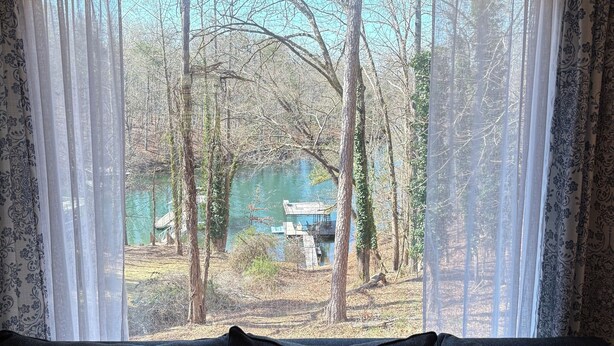 A living room with a view of a forest and a lake.