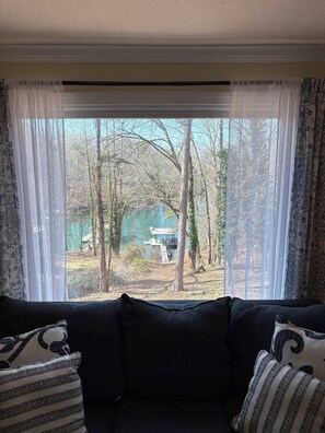 Ein Wohnzimmer mit Blick auf einen Wald und einen See.