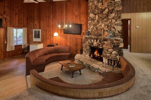 Una televisión, una chimenea, un reproductor de DVD