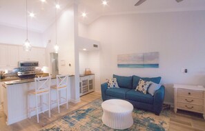 Smart TV, fireplace, video library