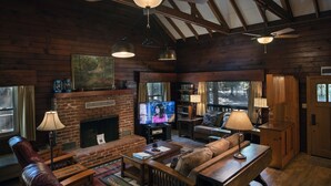 Flat-screen TV, fireplace, DVD player
