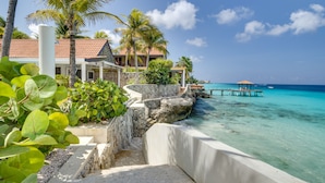 A resort with a stone pathway leading to a beach, palm trees, and a clear blue sea. - Oceanfront with private beach - 4 bedrooms, 4 bathrooms (Kralendijk)