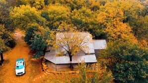 An aerial view of a house surrounded by trees with a vehicle parked nearby. - PEACEFUL PLAYGROUND.  130 acres of fun.  RV hookups available too. (Udall)