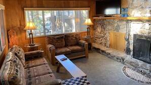 Una sala de estar acogedora con paredes de madera, una chimenea de piedra, un televisor y dos lámparas.