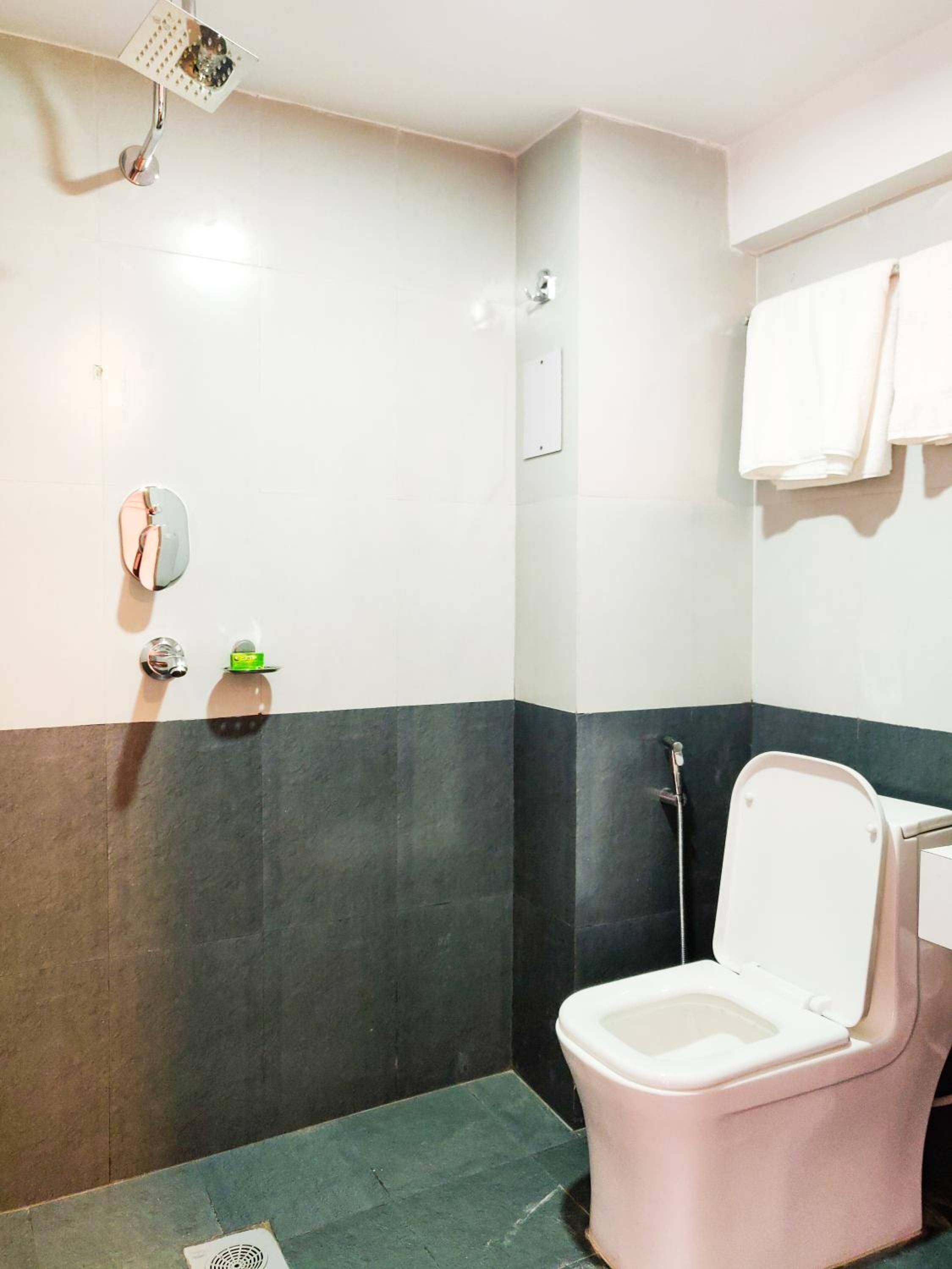 Une salle de bain équipée de toilettes, d’une douche et d’un porte-serviettes.
