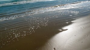 Uma praia com ondas suaves batendo na costa.