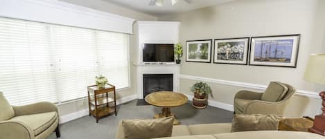 TV, fireplace, DVD player, video library