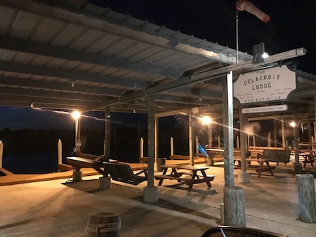 Outdoor dining. Cabins and Boat dock "Delacroix Island, Louisiana"