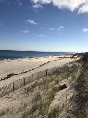 On the beach, sun-loungers