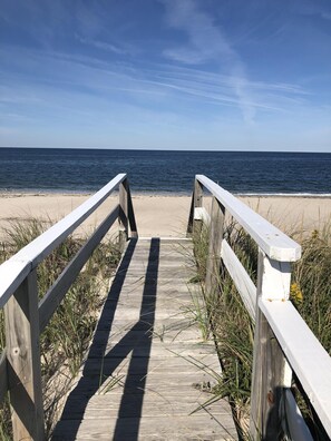 On the beach, sun-loungers