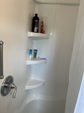Regadera, secadora de cabello, jabón, papel de baño 