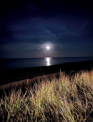 Een nachtzicht van een strand met een kalme zee en een zichtbare maanreflectie.
