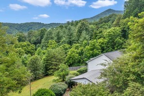 A residential property with a house surrounded by dense forest and a mountain in the background. - Mountain View ranch w/ sauna, 1ac fence & firepit. (Candler)