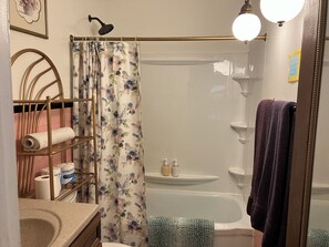 Ensemble baignoire-douche, séchoir à cheveux, serviettes fournies, savon