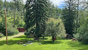 En græsplæne med picnicborde, en gyngestativ og et rødt skur.
