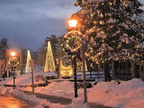 A snow-covered street with illuminated Christmas trees and a sign for Blowing Rock Town Hall.