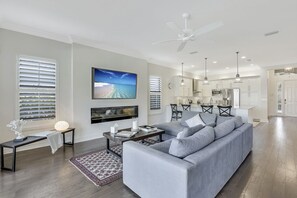 Smart TV, fireplace, foosball, table tennis