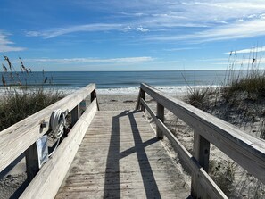 On the beach, sun-loungers, beach towels