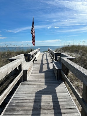 On the beach, sun-loungers, beach towels