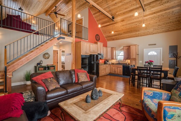 Smart TV, fireplace, DVD player, smart speakers