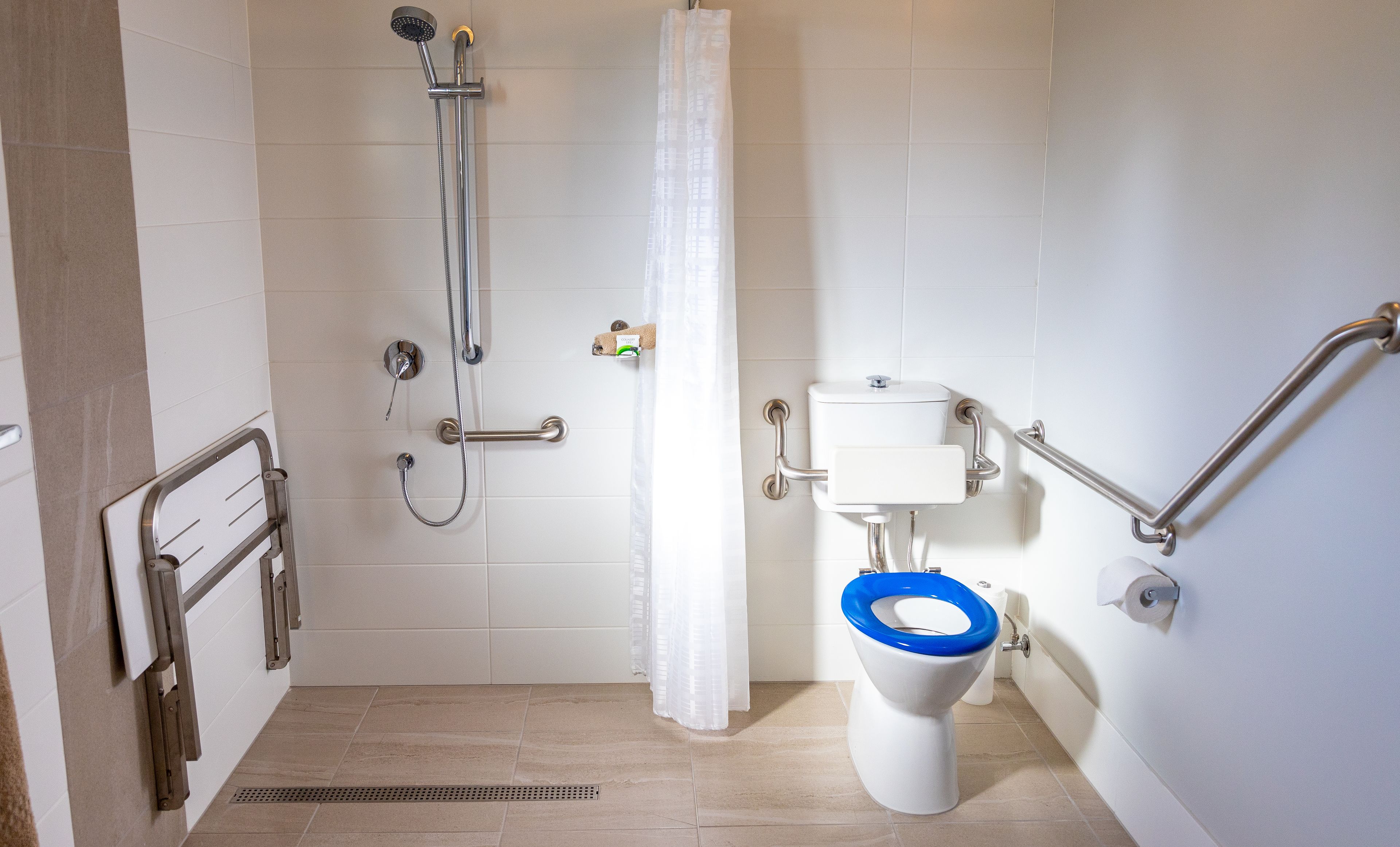 Une salle de bain équipée d’une douche, de toilettes et de barres d’appui.