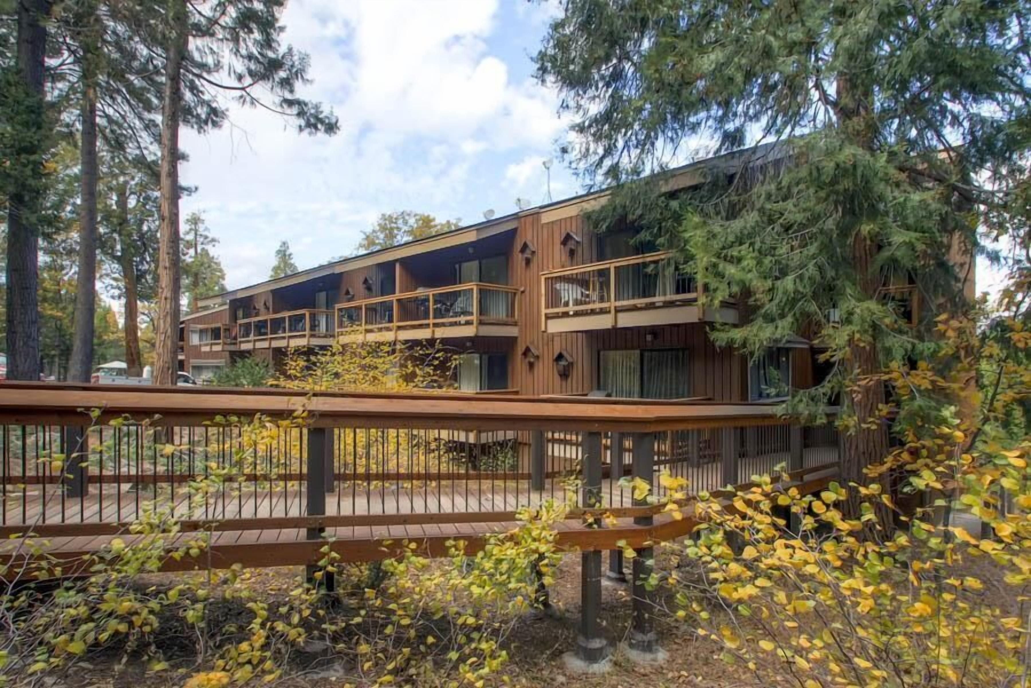 A multi-story building with balconies, surrounded by trees and a wooden deck.