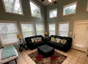 Smart TV, fireplace, books, stereo