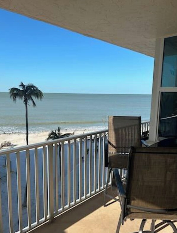 A balcony with a view of the ocean, a palm tree, and a chair.