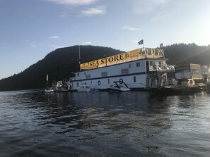 Lautta, jonka kyljessä on kyltti, jossa lukee ”Sea Store”, oli ankkuroituna laituriin, ja taustalla kohosi metsäinen kukkula.