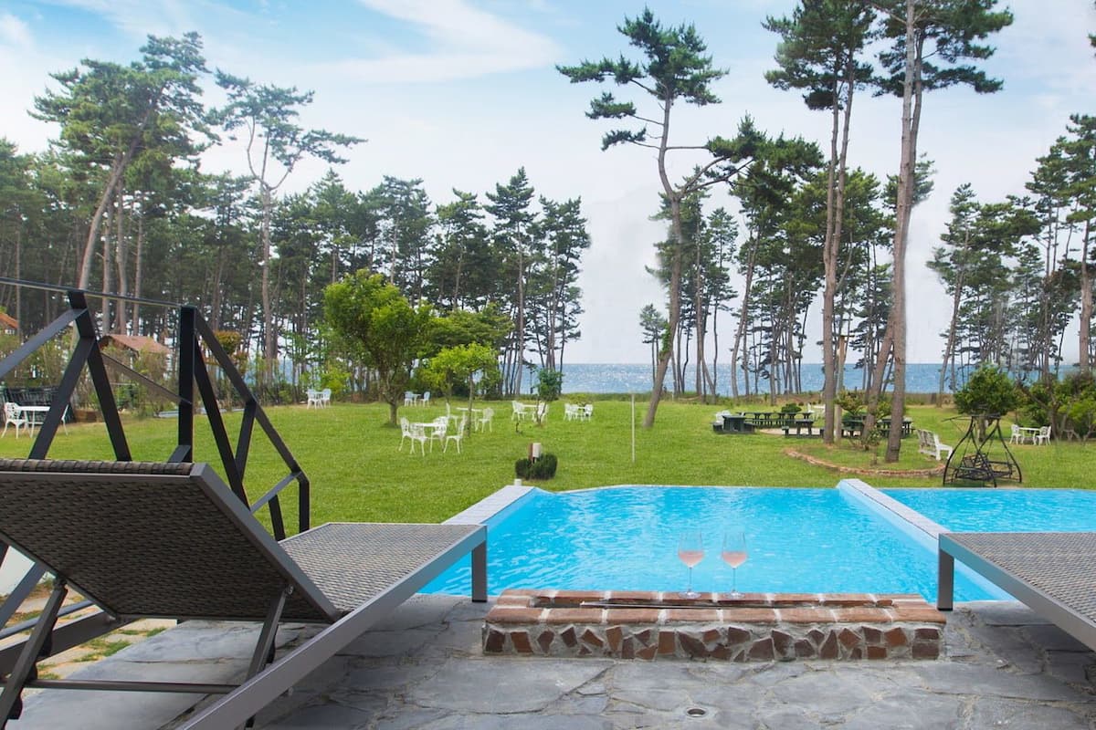 Una piscina con sillas de descanso, un área verde y altos árboles al fondo.