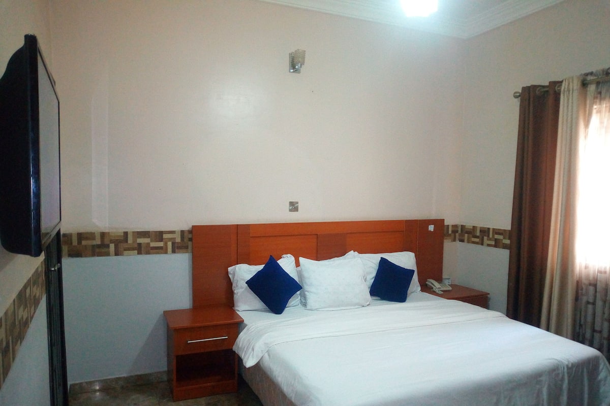 A hotel room with a wooden headboard, a bed with white bedding and two blue pillows, a bedside table with a telephone, and a wall-mounted TV.