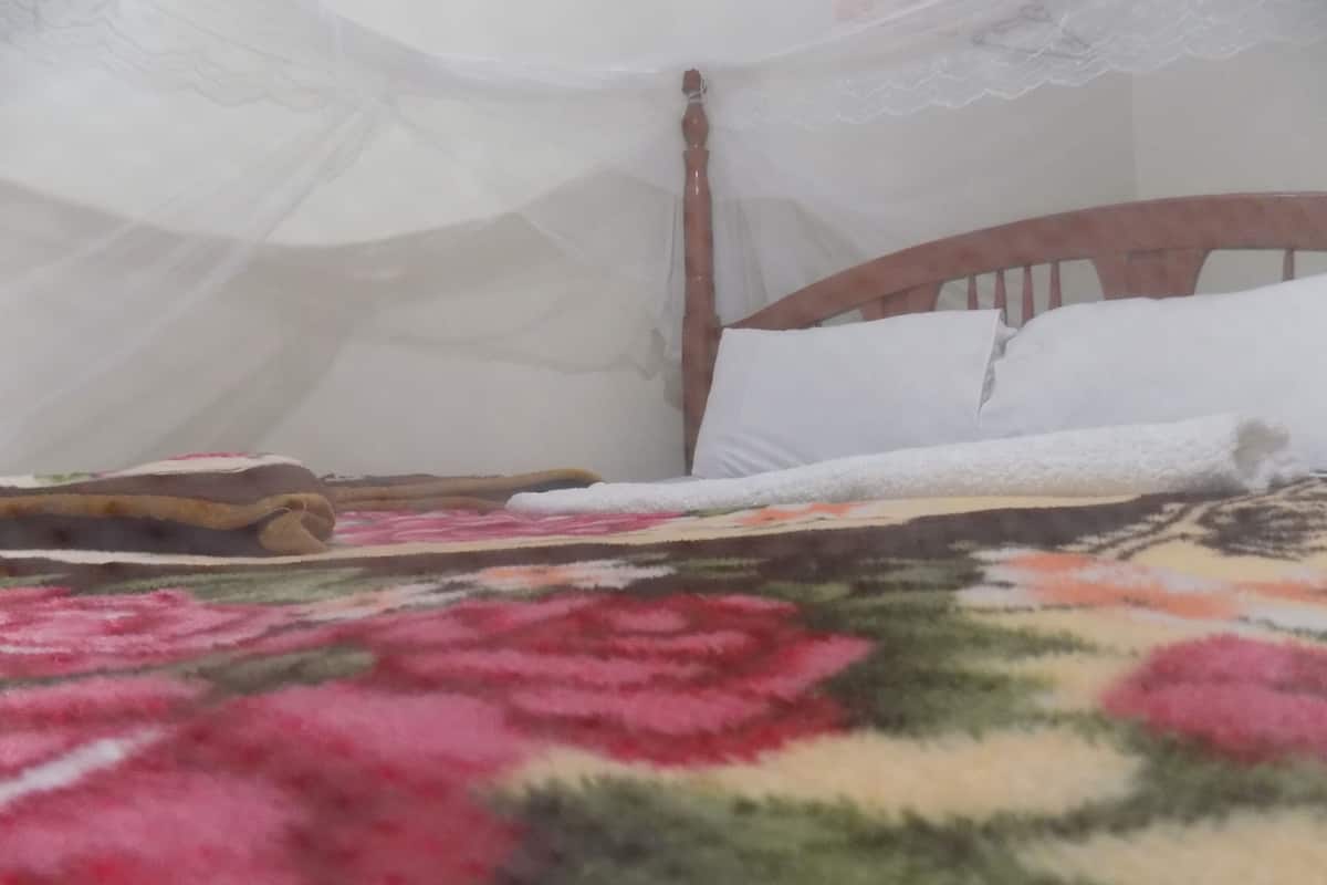 Uma cama com manta de padrão floral, cabeceira de madeira e travesseiro branco.