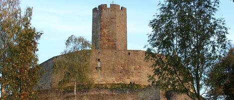 Um castelo de pedra histórico com uma torre central, rodeado por uma área gramada e árvores.