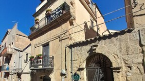 Edificio histórico con fachada de piedra, una reja metálica y plantas en macetas.