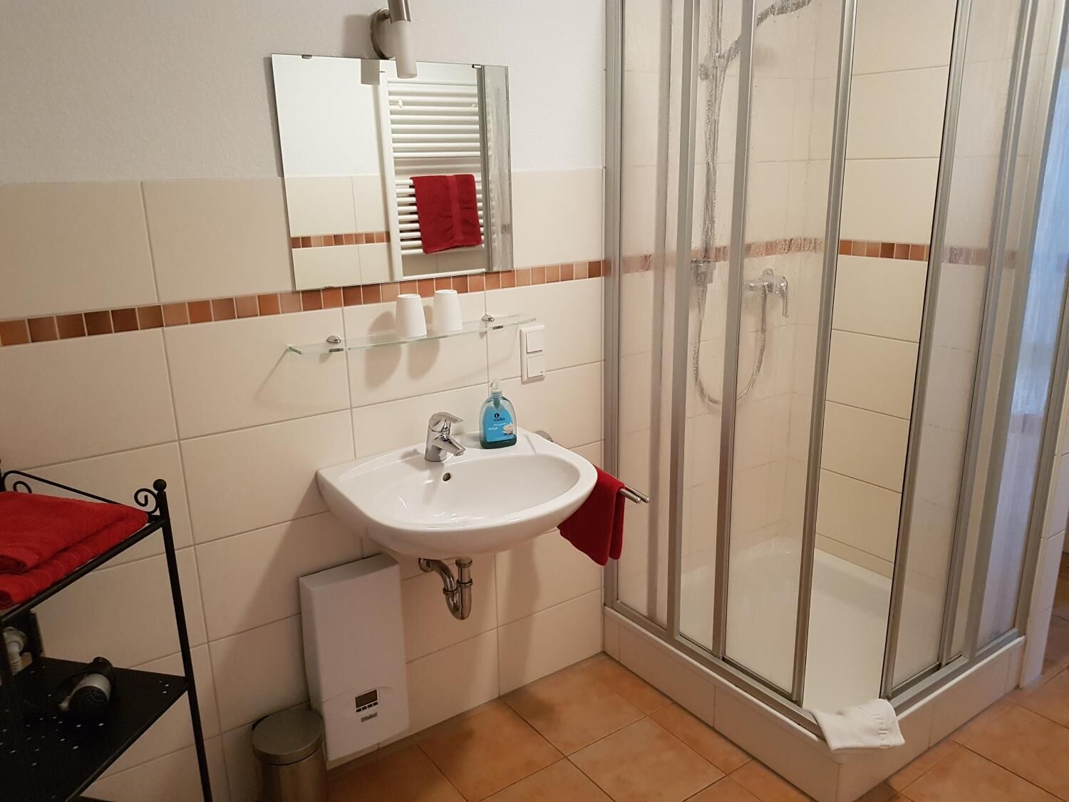 Shower, towels, soap, toilet paper