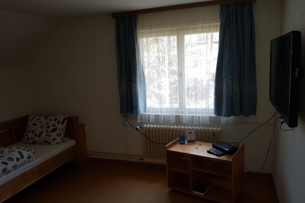 A small, dimly lit room with a single bed, a wooden nightstand, a radiator, and a window with curtains.