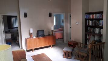 Een smart-tv, een open haard, boeken en slimme speakers