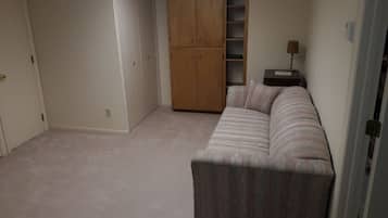 Een smart-tv, een open haard, boeken en slimme speakers