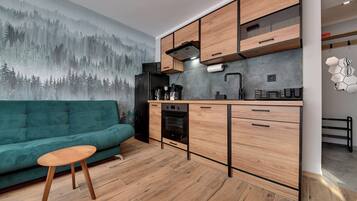 Appartement | Coin cuisine privé | Réfrigérateur, plaque de cuisson, lave-vaisselle, cafetière/bouilloire