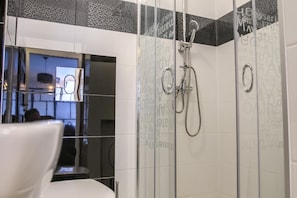 Bathroom features a glass-enclosed shower with handheld showerhead and wall-mounted faucet.