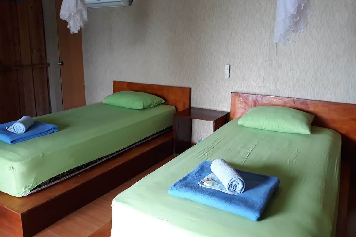 Two single beds with green bedding and blue towels, a wooden headboard, a small table, and an air conditioning unit.