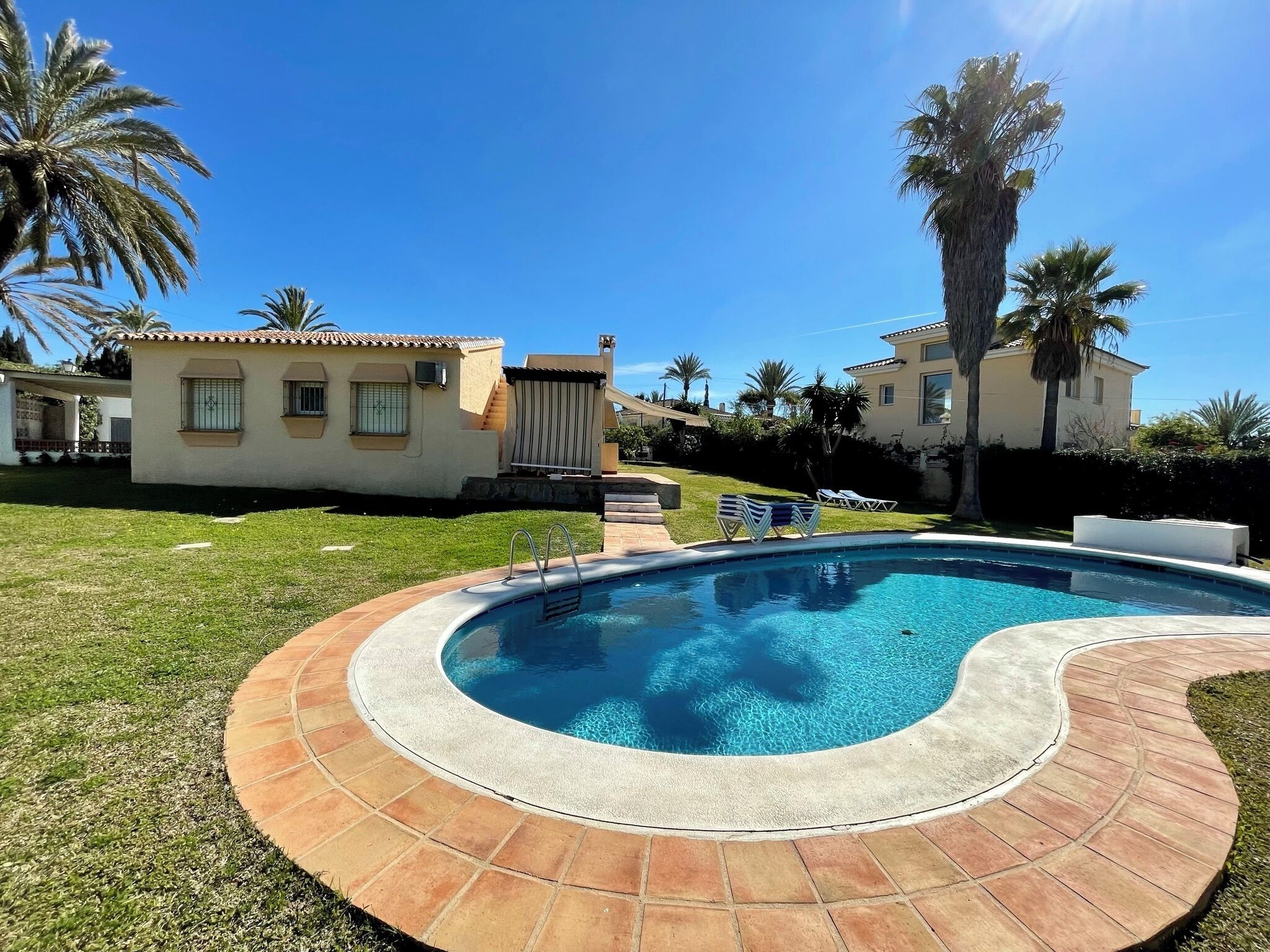 Une piscine dotée d’une terrasse carrelée, entourée d’une pelouse bien entretenue et de palmiers.