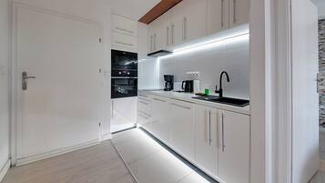 Apartemen, balkon, pemandangan sungai | Dapur kecil pribadi | Peralatan masak/sendok-piring