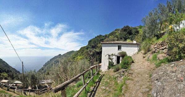 A rustic building with a sloped roof, surrounded by a stone wall and vegetation, overlooking a mountainous landscape. - Agririfugio Molini (Camogli)