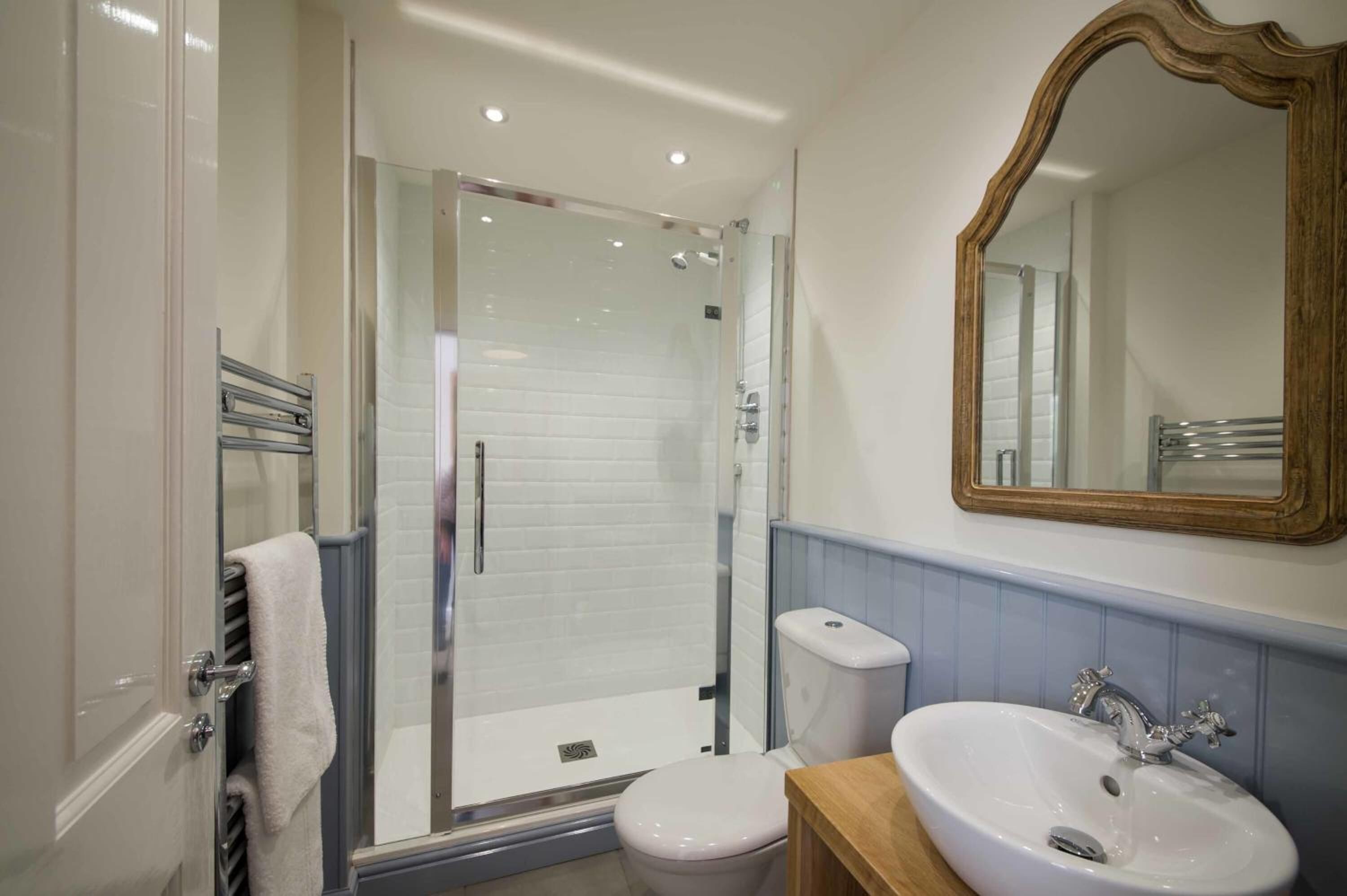 A bathroom with a glass-enclosed shower, a white toilet, and a sink with a mirror above it.