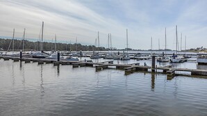 Een jachthaven met meerdere boten aangemeerd aan steigers, kalm water en een beboste oever op de achtergrond.