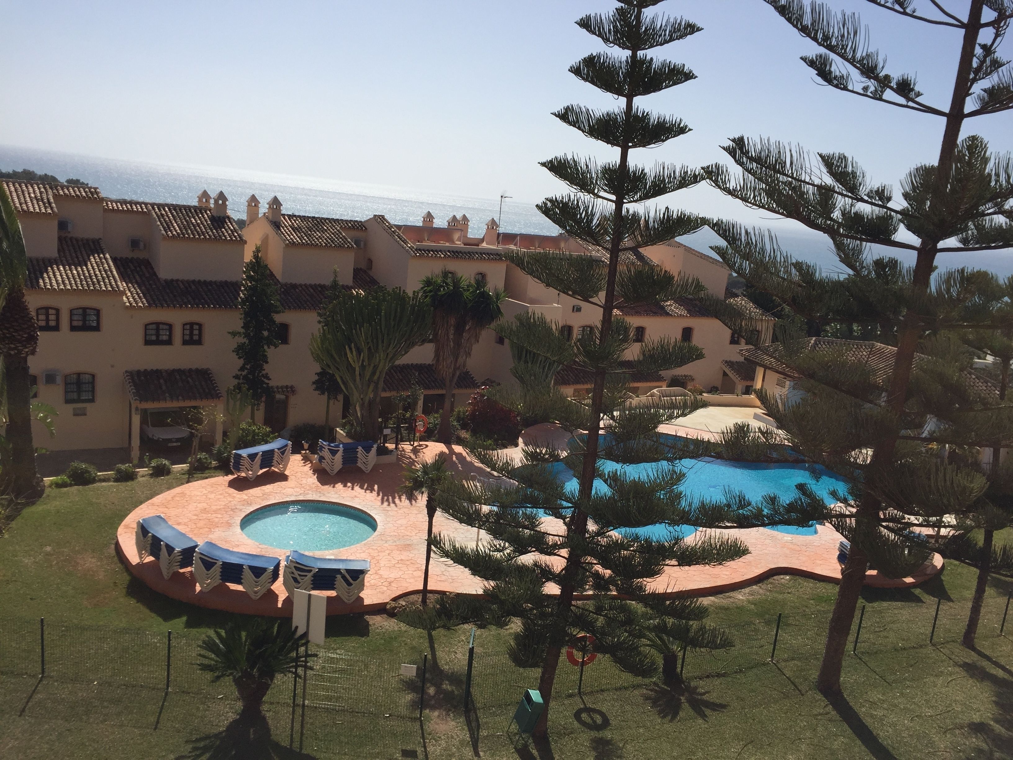 Un resort con piscina, palmeras y vista al océano.