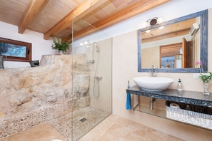 Combined shower/tub, hair dryer, bidet, towels