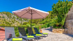 Eine Terrasse mit Liegestühlen und einem großen Sonnenschirm, umgeben von Grünpflanzen und einem Kaktus.