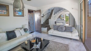 Family Villa, 3 Bedrooms, Private Pool | Living area | 40-inch flat-screen TV with satellite channels, TV, fireplace - Kymma Villas (Sotira)